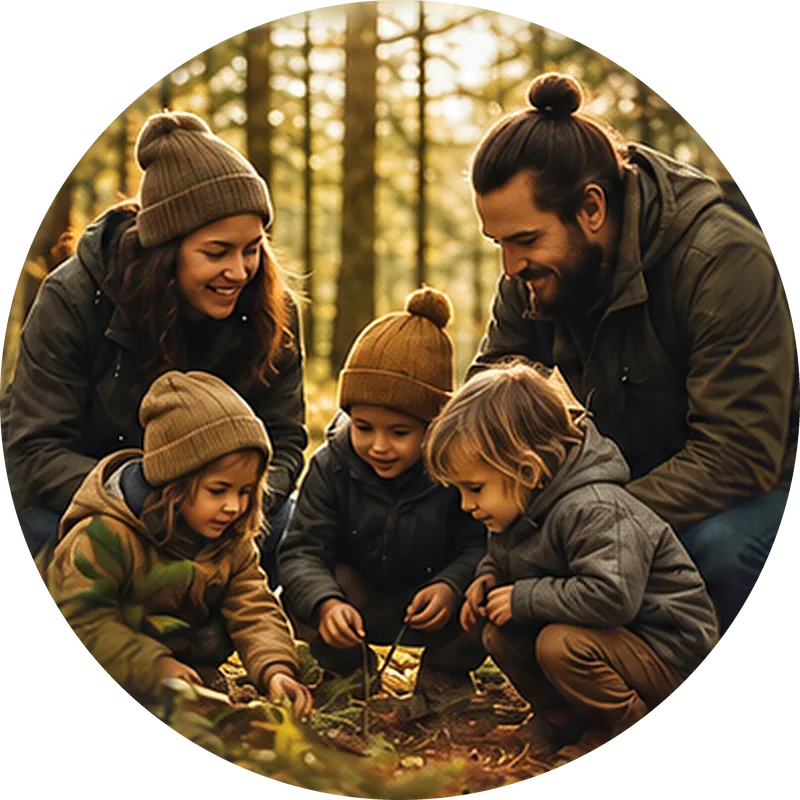 Illustration : une famille accroupie en forêt observe le sol avec trois jeunes enfants, dans une lumière dorée