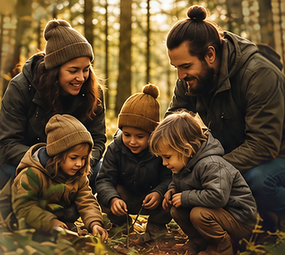 Illustration&nbsp;: une famille accroupie en forêt observe le sol avec trois jeunes enfants, dans une lumière dorée